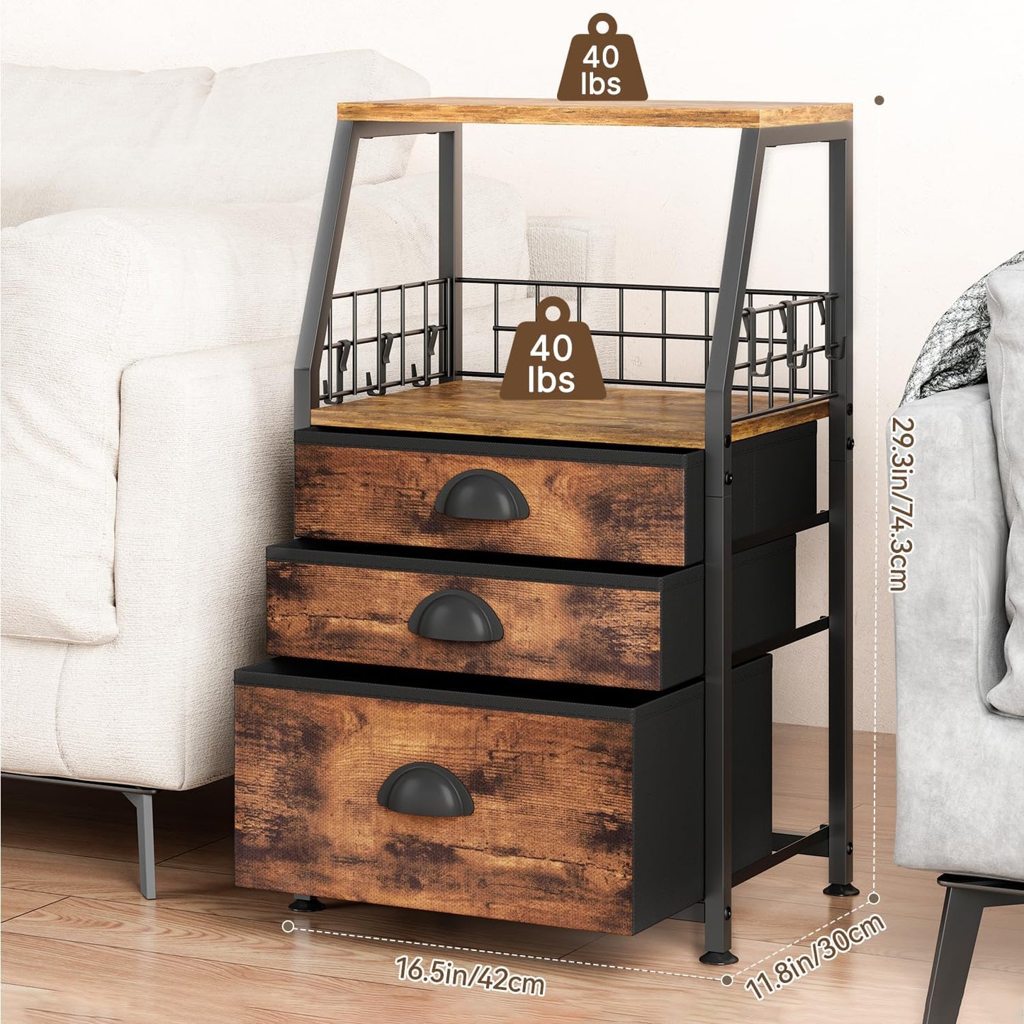 LASZOLA 3 Fabric Drawers Organizer Tower with 6 Hooks and 2 Shelves, Small End Side Table for Printer with Chest of Files Drawers, Ideal for Bedroom Living Room Office Dorm Under Desk, Rustic Bronze