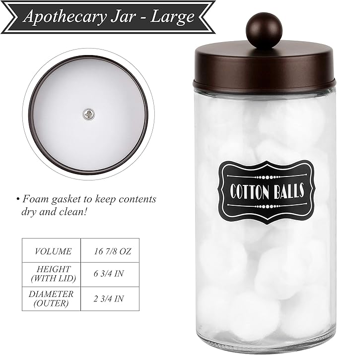 Apothecary Jars 3 Pack - Glass Bathroom Containers with Stainless Steel Lids - Rustic Farmhouse Decor Bathroom Accessories, Vanity Organizer Apothecary Jars for Qtip/Cotton Balls (Bronze)