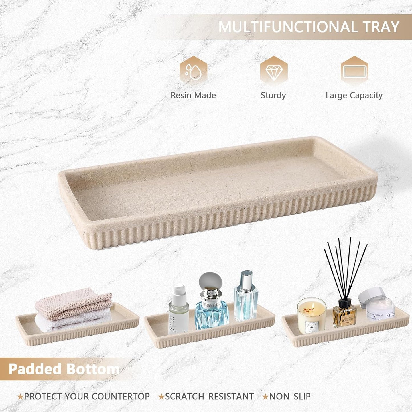 Resin Beige Bathroom Accessories Set 5 Pcs, Lotion Soap Dispenser, Toothbrush Holder, Bathroom Tumbler, Qtip Holder and Vanity Tray, Bathroom Countertop Organizer Set for Modern Home Apartment