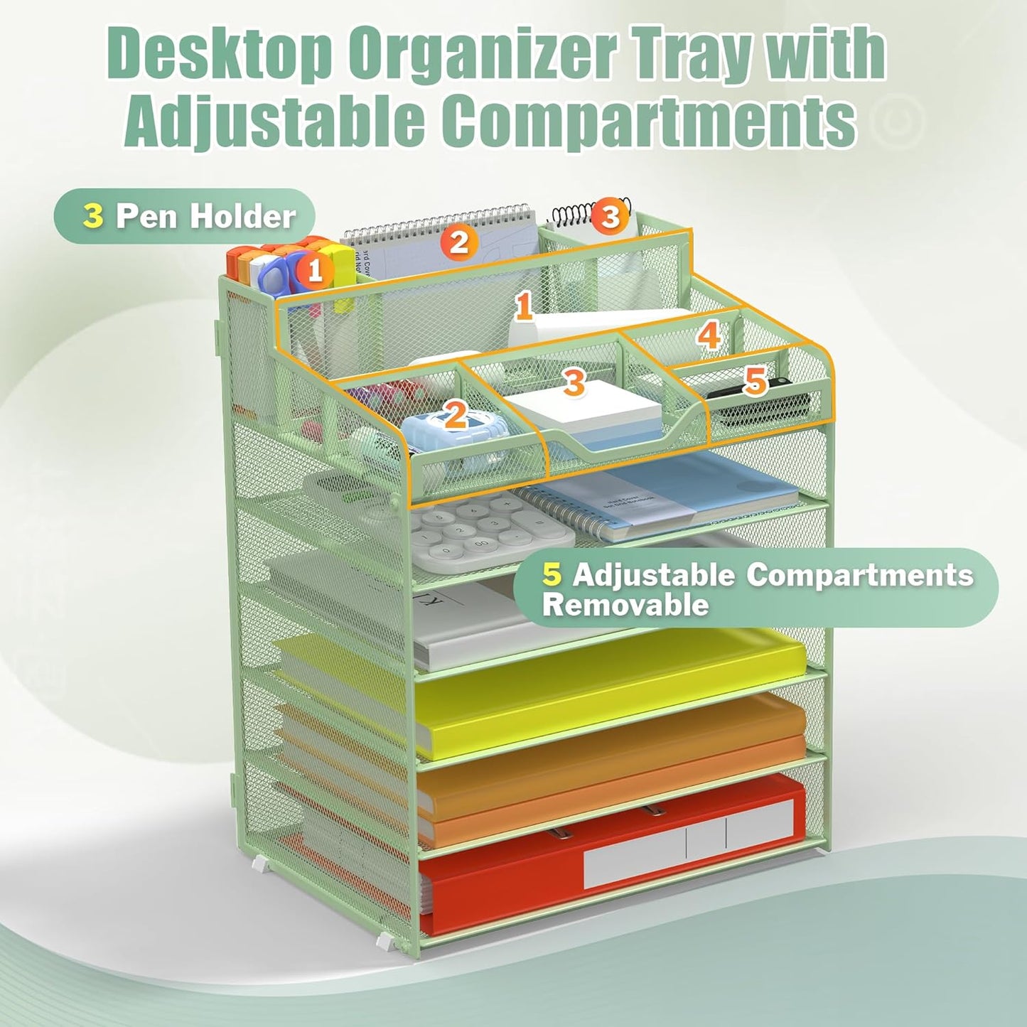Docnest 6 Tier Mesh Desk Organizer for Paper Office Supplies – Multi-Functional Letter Tray with 5 Adjustable Compartments, 3 Pen Holders, Desktop Storage for Files, Mail, Stationery – Green