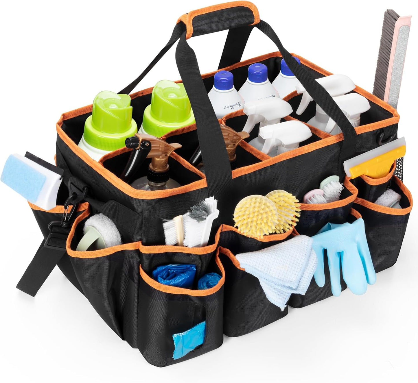 Extra-large Wearable Cleaning Caddy, Organizer Bag for Housekeeper with Pad, Handle & Divider, Car Wash Tools Bag for Detailing Supplies, Orange Edge