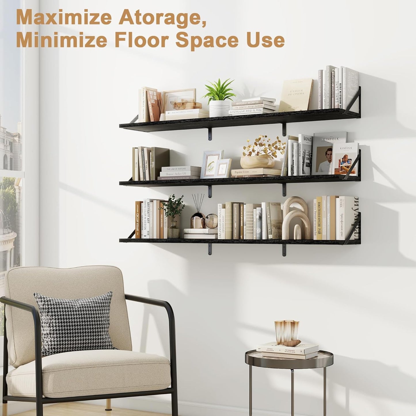 Fun Memories Extra Long Floating Wall Shelves, 48 x 8 Inches, Set of 3 Large Wood Floating Bookshelves with Metal Brackets for Storage & Display (Black)