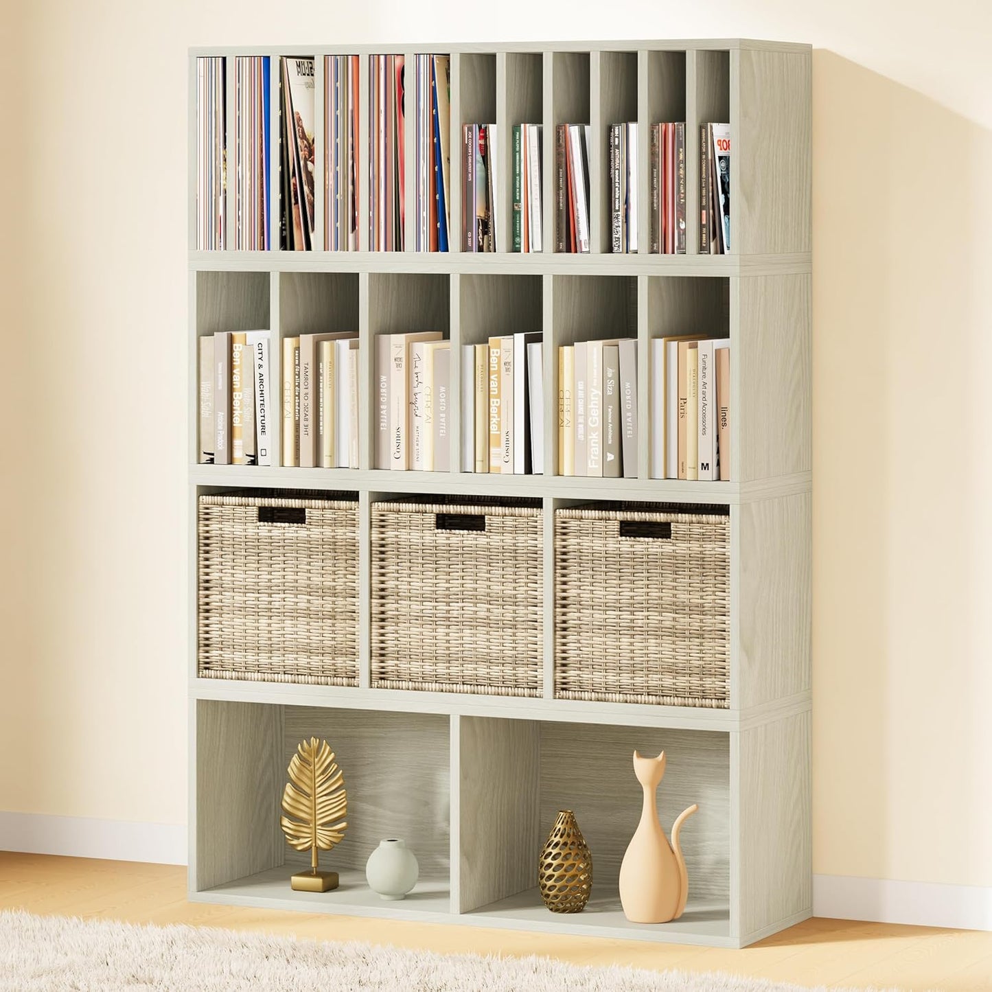 IOTXY DIY Modular Cube Bookcase - CubeXY Customizable Stackable Expandable Combination Set, 23-Cube Open Bookshelf for Books, Fabric Storage Bin, and Vinyl Record Organizer, Oak