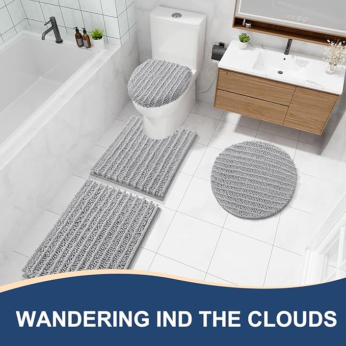 Arotive Luxury Chenille Bathroom Rug Mat, Extra Soft Thick Absorbent Shaggy Bath Rugs, Non-Slip Machine Wash Dry, Plush Bath Mats for Bathroom, Shower and Tub, 44x32, Light Grey