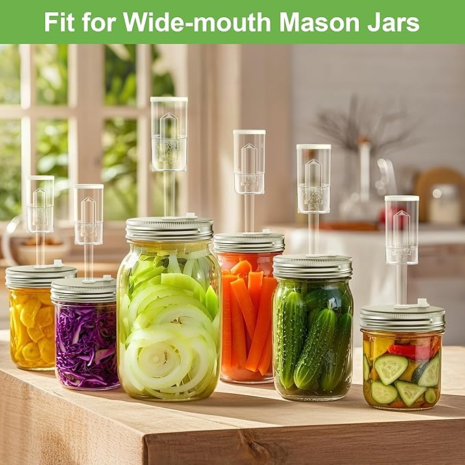 Fermentation Kit for Wide Mouth Mason fermentation Jar,pickling/sauerkraut kit with 4 Glass Fermentation Weights,4 Fermenting Lids,4 airlocks,5 Silicone Rings,5 Silicone Grommet （ No Jars ）