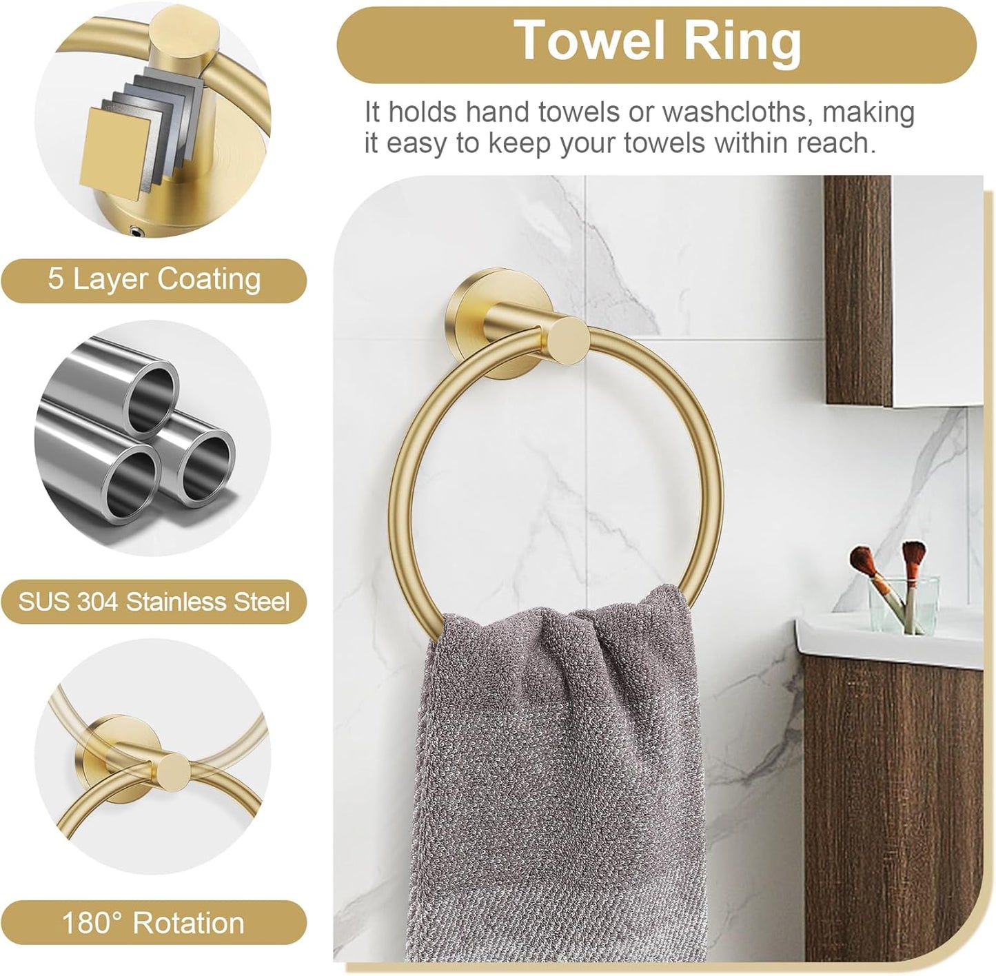 5-Piece Towel Bar Set Brushed Gold Bathroom Hardware Accessories Set Upgraded Toilet Paper Holder with Shelf Towel Holder Set for Bathroom Stainless Steel Wall Mounted