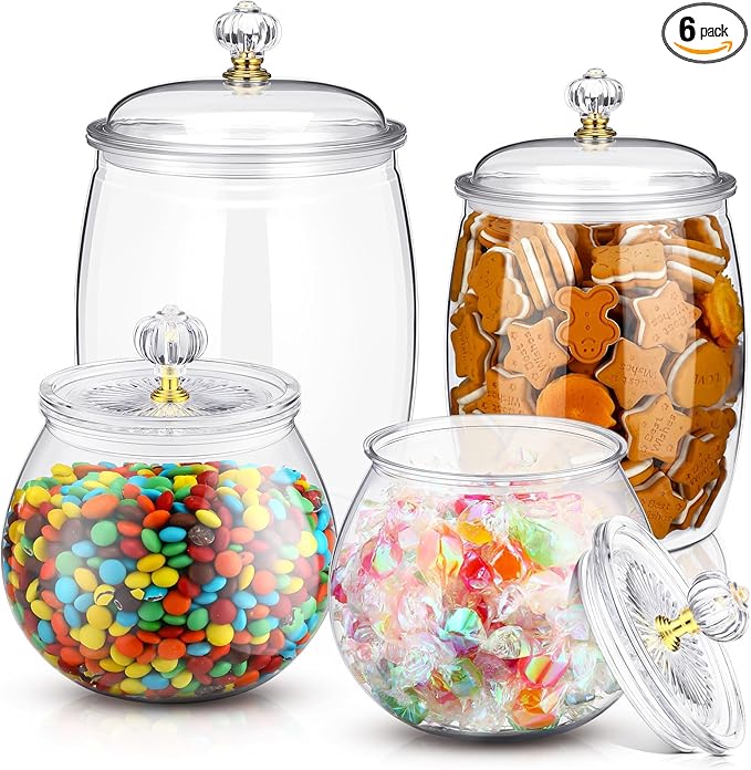 Nuogo 4 Pcs Plastic Candy and Cookie Jars with Lids Clear Cookie Container Candy Jars Large Airtight Apothecary Storage Organization for Wedding Home Kitchen Bar(30/42/64 oz)