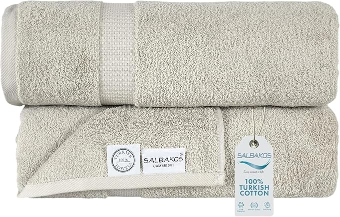 SALBAKOS 100% Turkish Cotton Extra Large Bath Sheet Set of 2 35x70 inch | Heirloom Quality | Hotel & Spa Collection | Soft, Absorbent Oversize Bath Towels | Made in Turkey (Stone, 2 Bath Sheets)