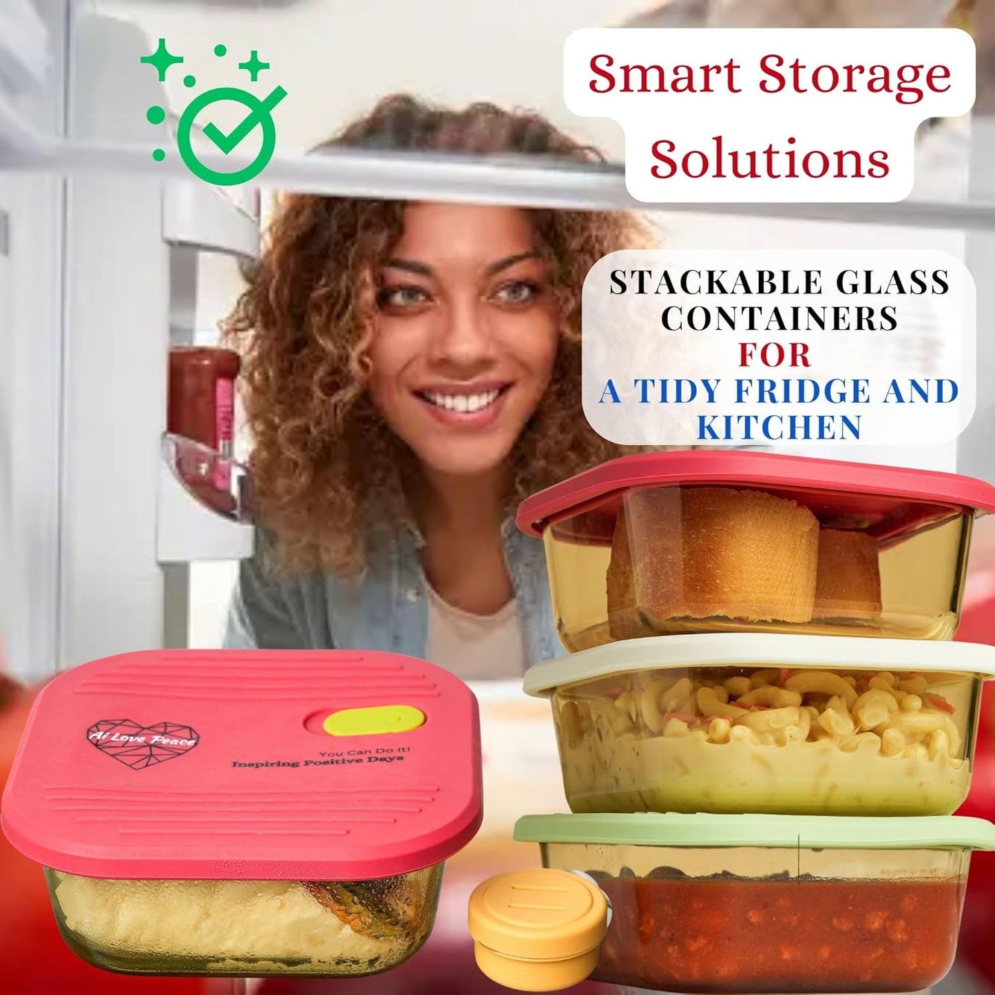 AI LOVE PEACE Glass Lunch Containers for Women Adults, Microwave Safe Glass Lunch Box, Leak Proof BPA-Free, Durable, Built-in Vent - Ideal for Meal Prep & On-the-Go Lunches (red)