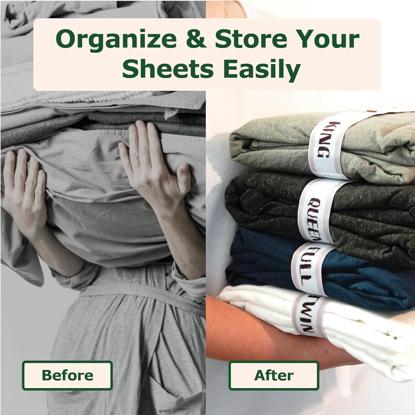 ECOHomes Bed Sheet Organizer and Storage Size Label Bands | Bed Sheets Set Organizers for Linen Closet Organization - Elastic Bedding Band Labels for Organizing Bedsheet (King 2PCs Pack | Cream)