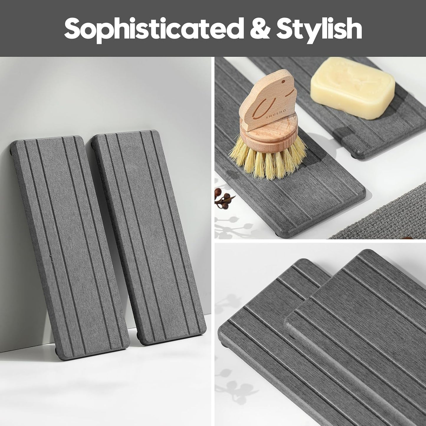 2PCS Diatomite Quick Stone Drying Tray Mat For Bathroom & Kitchen Counter, Instant Dry Water Absorbent Drink Bar Coaster,Vanity Sink Caddy Organizer,Dish Soap Sponge Holder, Dark Gray,9"x3.5"