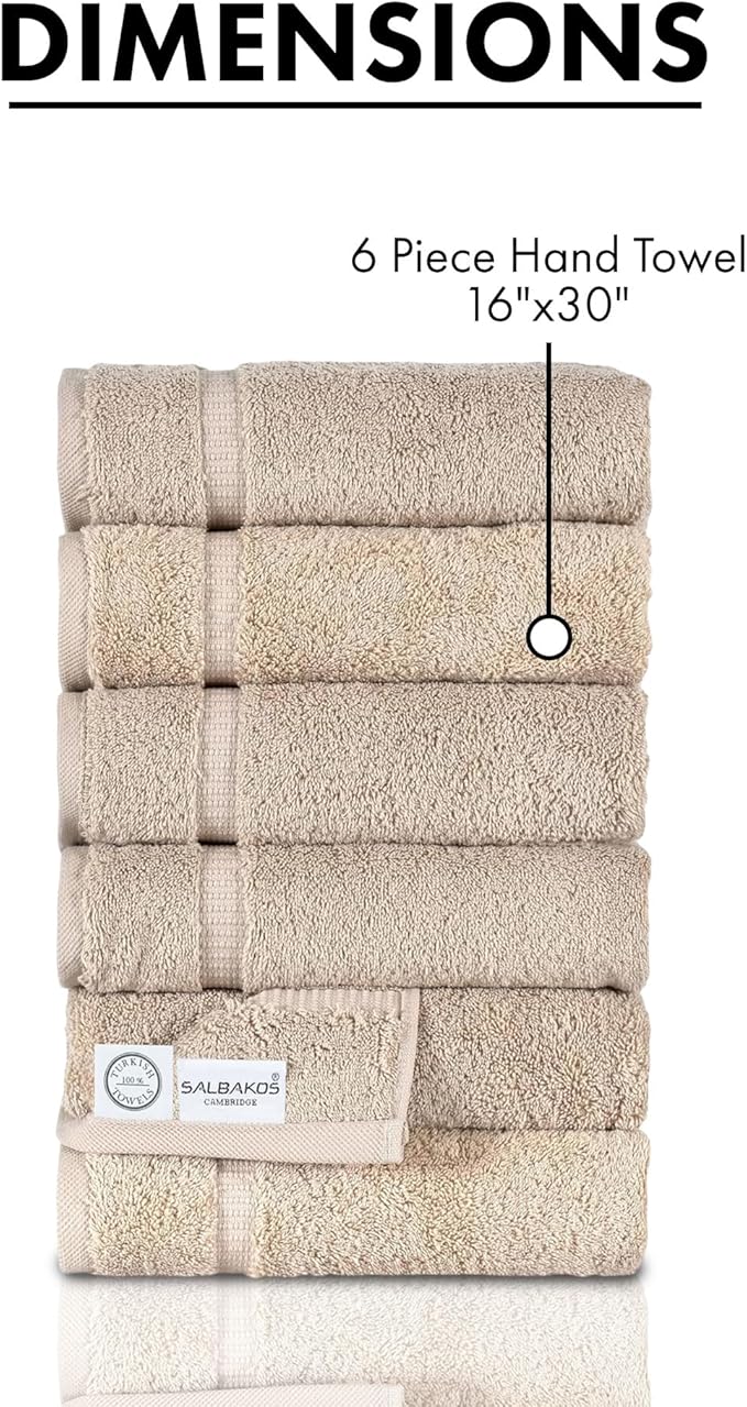 SALBAKOS 100% Turkish Cotton Hand Towel Set of 6 16x30 inch | Heirloom Quality | Hotel & Spa Collection | Ultra Soft, Super Absorbent, Long Lasting Hand Towels | Made in Turkey (Taupe, 6 Hand Towels)