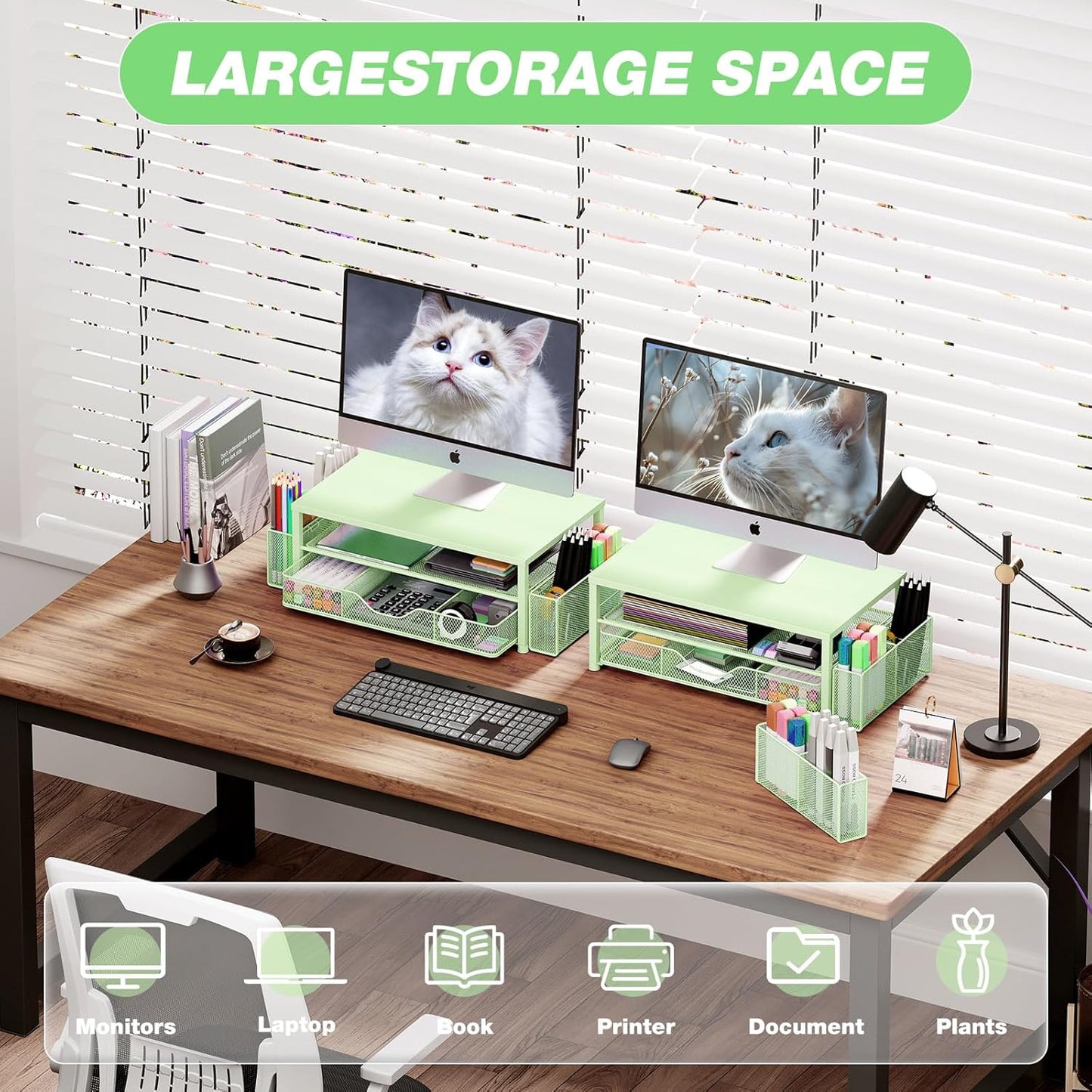 Desk Organizers and Accessories, 2-Tier Computer Monitor Stand Riser with Drawer and 2 Pen Holders, Laptop Stand, Office Desk Accessories for Office Supplies, Green