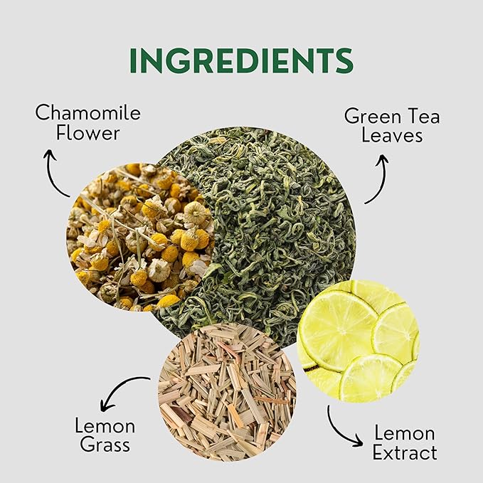 Tealeaf & Co. Chamomile Green Tea Loose Leaf with Lemon Extract and Lemongrass - Chamomile Tea - Contains Low Caffeine - Upto 50 Servings - Gluten Free (3.52oz/100gm)
