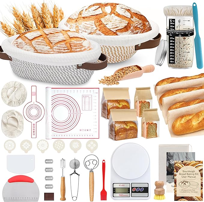 38 Pcs Sourdough Starter Kit, Cotton Rope Banneton Bread Proofing Basket with Sourdough Starter Jars,10 Inch Round & Oval Proofing Basket with Liners & Covers for Artisan Bread Baking
