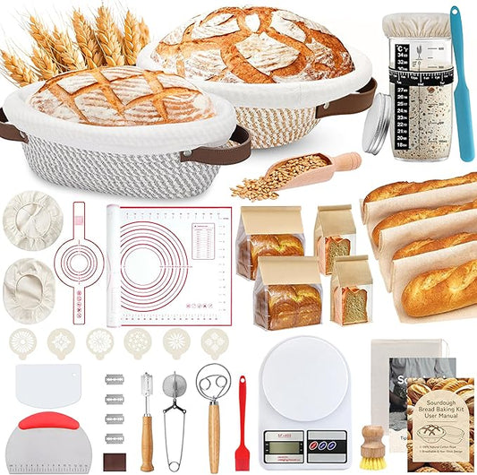 38 Pcs Sourdough Starter Kit, Cotton Rope Banneton Bread Proofing Basket with Sourdough Starter Jars,10 Inch Round & Oval Proofing Basket with Liners & Covers for Artisan Bread Baking