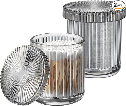 2 Pack Qtip Holder - Apothecary Jars with Lids, Bathroom Organizers and Storage Canister for Cotton Balls,Swabs,Floss Picks,Hair Ties,Clear Glass Vintage Bathroom Decor Jar Set (Gray)
