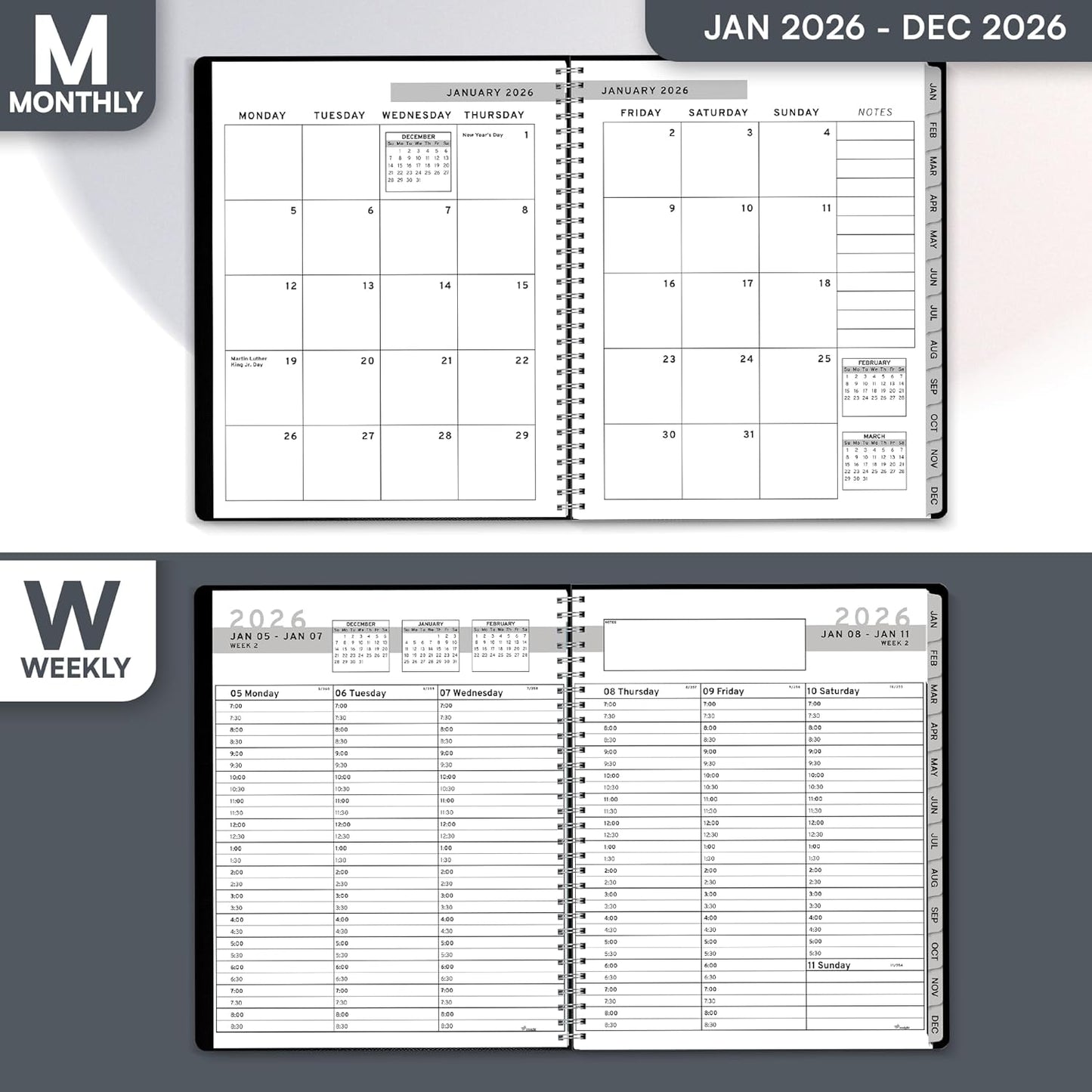 Ensight 2026 Appointment Book and Planner 6.5" x 8.5" Large Hourly Weekly Daily Schedule Book with Tabs, 30 Minute Time Slots, Black Calendar Organizer Jan 2026–Dec 2026 Appointment Planner - Black