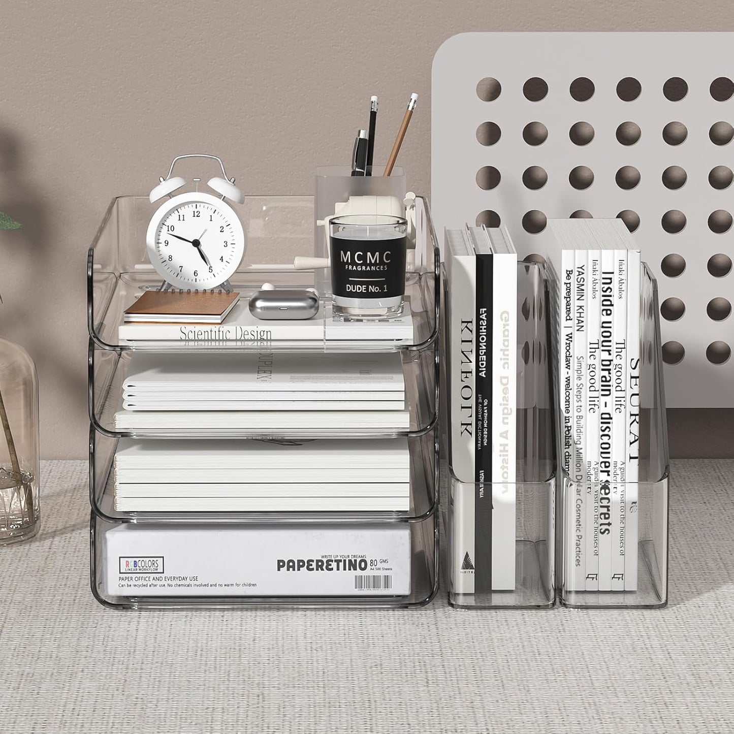 4-Tier Brown Acrylic Paper Tray Organizer for Desk + 2 Bookends – Stackable Letter Tray, Acrylic Desk Accessories/File Organizer, Office Paper Organizer