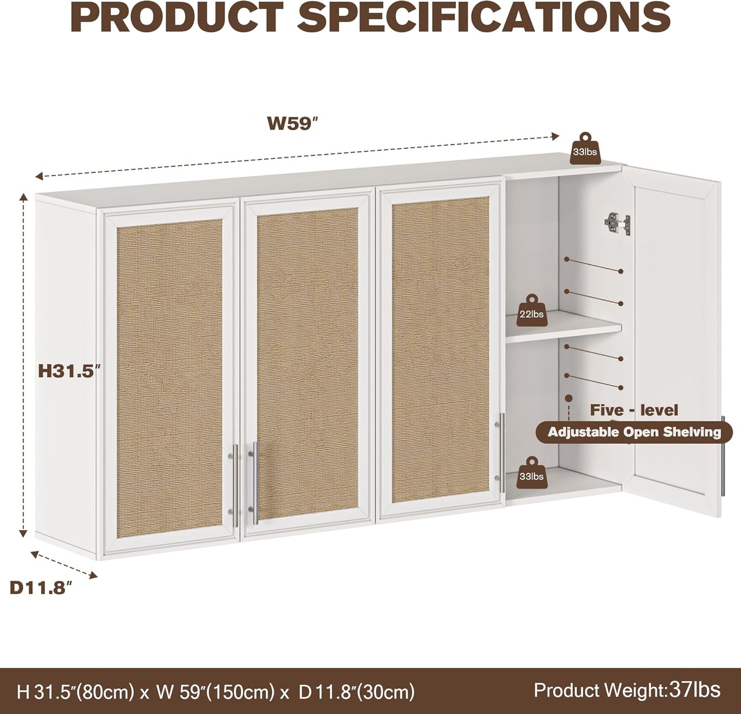 Rattan Wall Storage Cabinets - 60" Wide Large Laundry Room Wall Amount Cabinets with Adjustable Shelf for Kitchen,Bathroom
