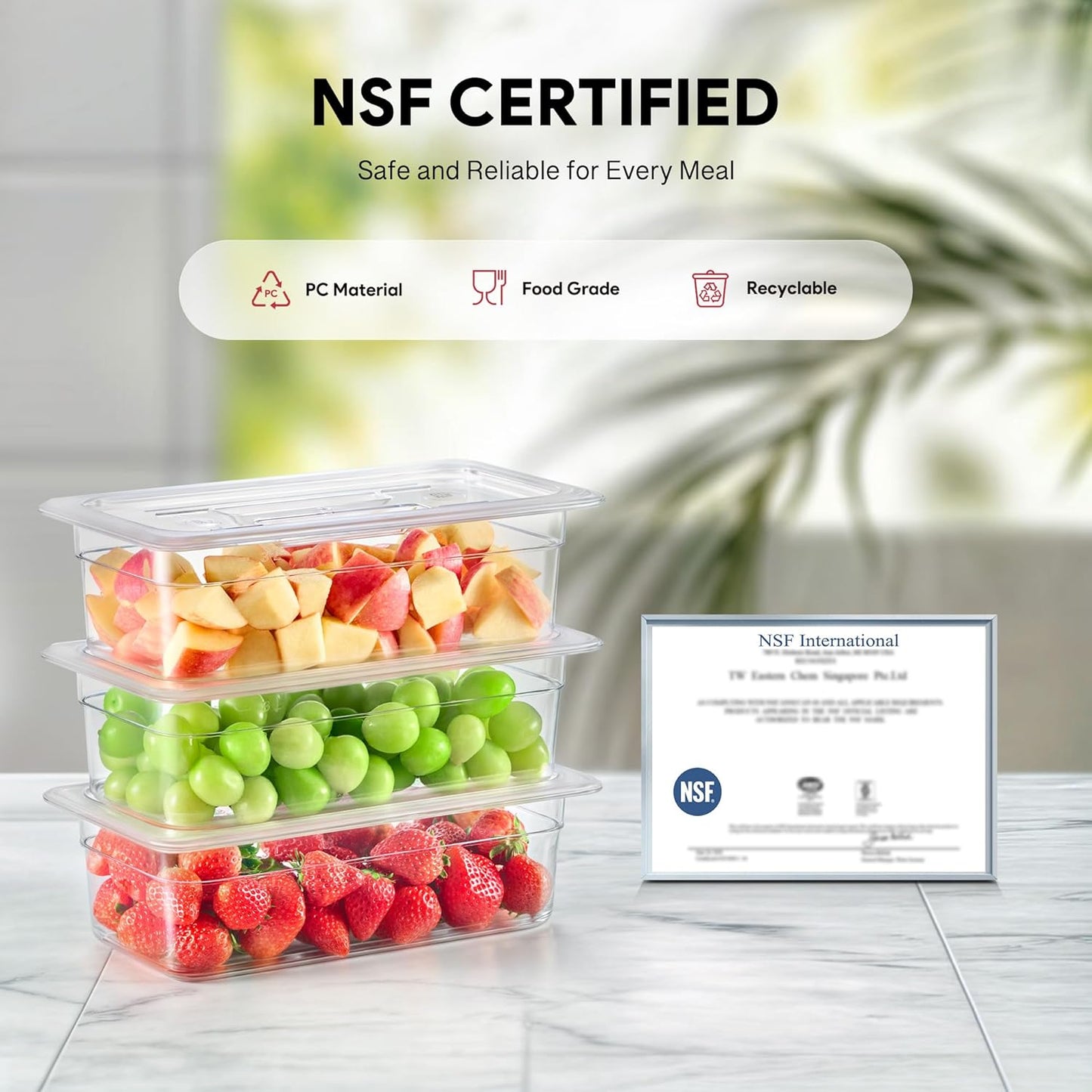 WILPREP 6 Pack Plastic Food Pans with Lids NSF Listed, 1/3 Size 6 in Deep Clear Food Storage Containers, 6.3 qt Stackable Polycarbonate Commercial Hotel for Fruits Vegetables Beans Corns