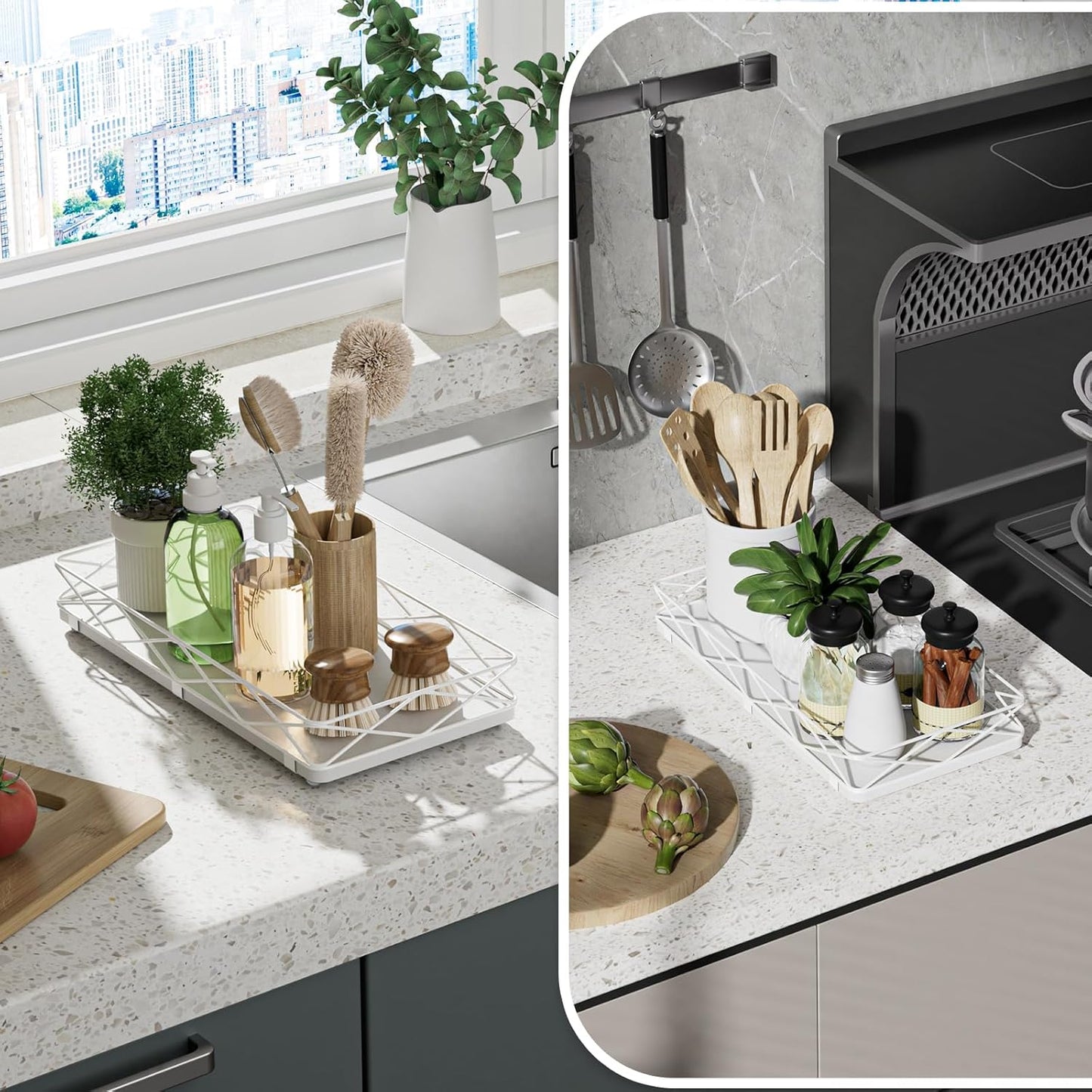 Toilet Paper Basket Holder, 13" Bathroom Tray Countertop, Wood and Metal Toilet Tank Tray Bathroom Vanity Organizer for Toiletry, Kitchen Sink Organizer for Soap Dispenser (White)