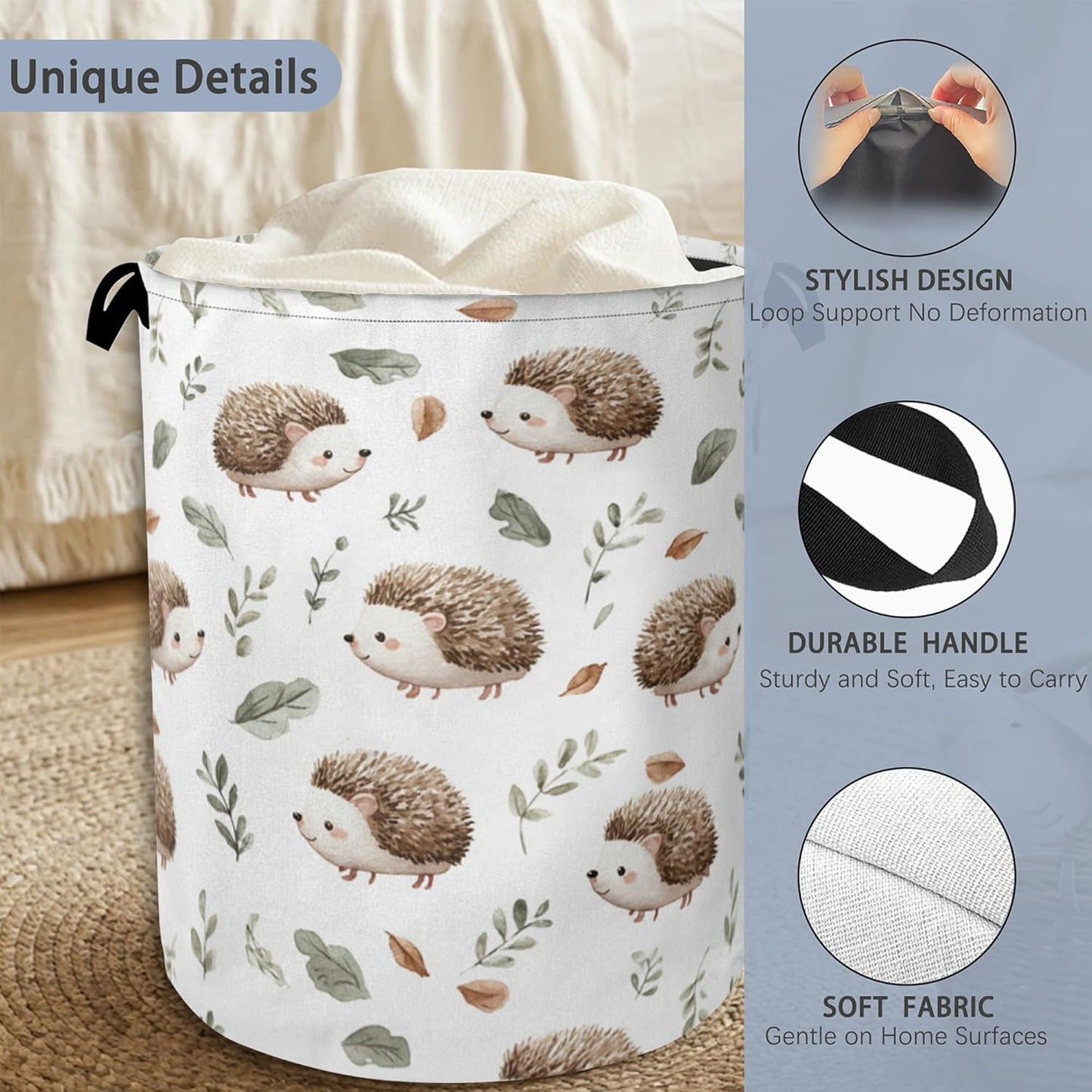 Hedgehog Laundry Hamper,Plant Leaf Dirty Clothes Laundry Basket with Handles Waterproof Oxford Cloth Storage Basket for College Dorms Bathroom Bedroom 16" x 20.8"