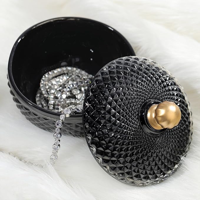 Joeyan 12 oz Small Black Glass Jars with Lid,Embossed Glass Candy Dishes,Diamond Faceted Food Container,Decorative Jewelry Box Apothecary Canisters,Colored Kitchen Bathroom Buffet Storage Organizer