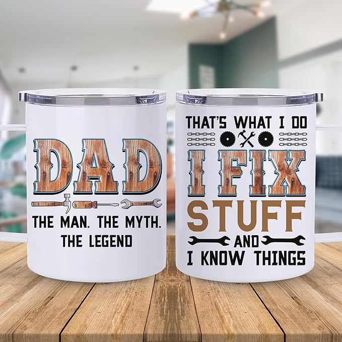Hyturtle Dad Mug With Lid & Spoon Gifts from Son Daughter, 12oz Insulated Stainless Steel, Funny Christmas Birthday Gifts For Mechanic Dad Father, Unique Gift Ideas For Him Men Coffee Tea Mug Cup