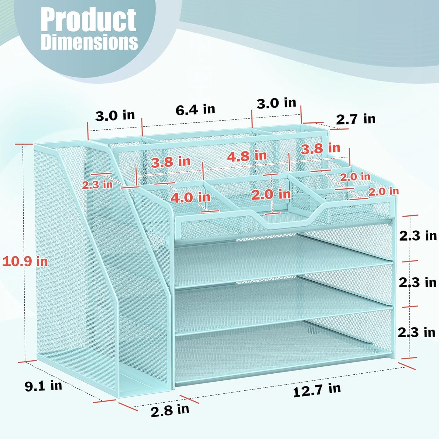 Docnest 4 Tier Mesh Desk Organizer with File Holder – Multi-Functional Paper Letter Tray with 5 Adjustable Compartments, 3 Pen Holders, Desktop Storage for Files, Mail, Stationery – Blue