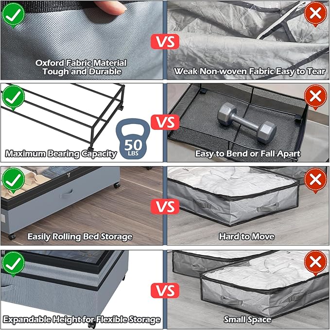 Underbed Storage Containers with Wheels and Lid Expandable Shoe Rolling Storage Bin Adjustable 9.8-10.6 Inch Height Under Bed Drawers for Dorm, Clothes, Blankets, Housewarming Gift 2 Pack Grey