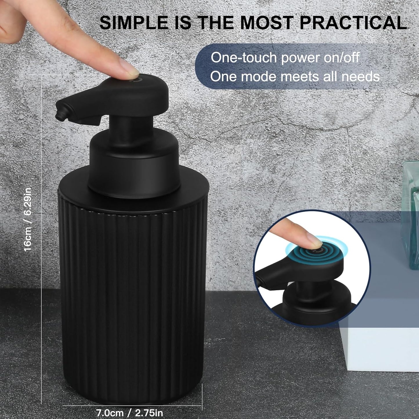 Automatic Soap Dispenser Liquid Touchless: 9oz Black Plastic - Rechargeable Electric Smart 3 Level Adjustable Auto Hand Soap Dispenser - Dish Bathroom Kitchen