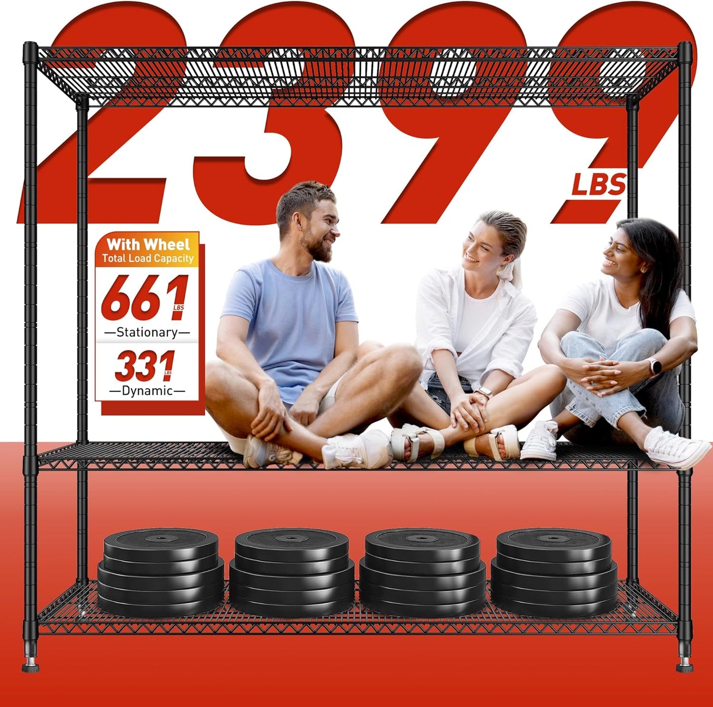 REIBII 60''W Storage Shelves 2399LBS Wire Shelving with Wheels Garage Shelving Heavy Duty Metal Shelves for Storage Rack Adjustable Shelf for Commercial Garage Kitchen, 60" W x 18" D x 65.5" H