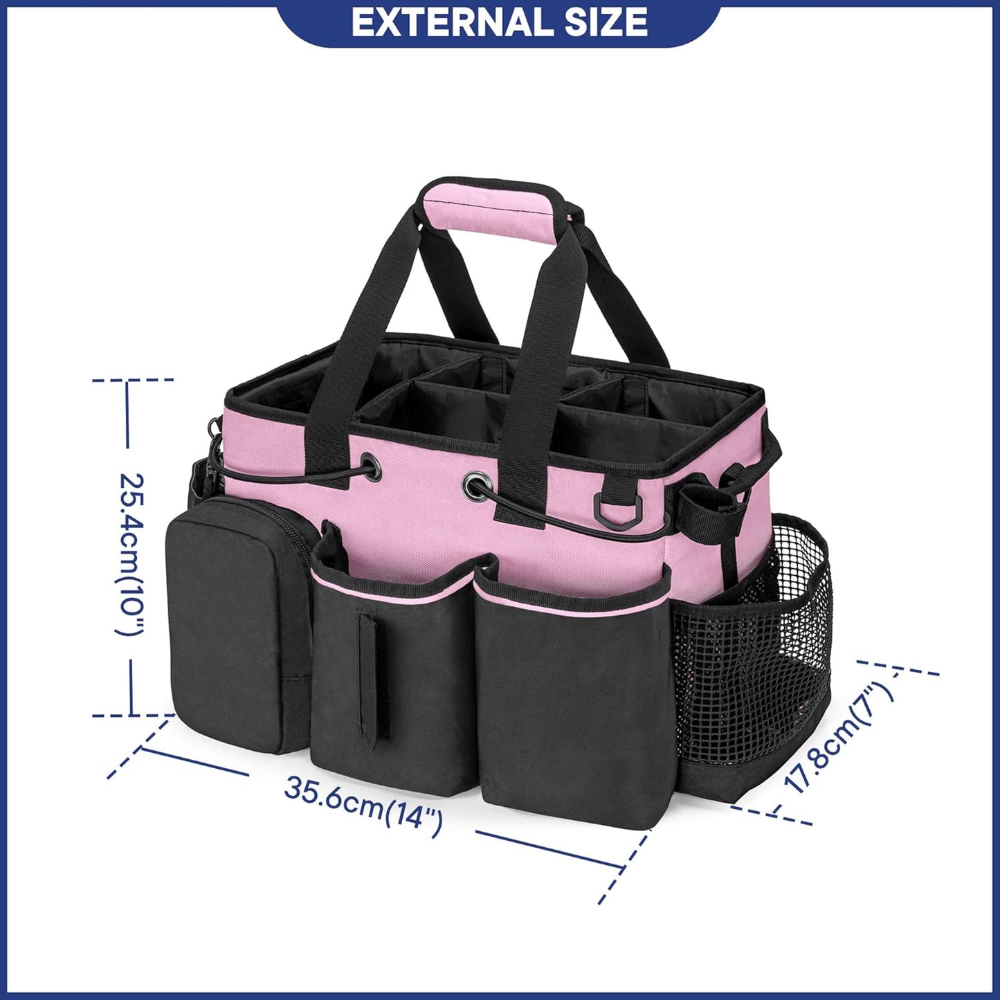 LoDrid Large Professional Cleaning Caddy with Detachable Divider, Supply Organizer with Handle and Shoulder Strap, Cleaning Bags for Housekeepers & Cleaners, Pink