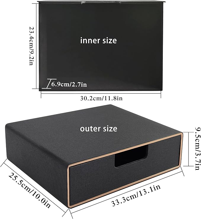 Stackable Organizer Drawer PU Leather Classic Handmade,Organize Home Office Desk Accessories and Sort Letter-Size Paper/a4 Document,Desk Caddy with Drawers Storage Box ,13.1x10x3.7inches,Black