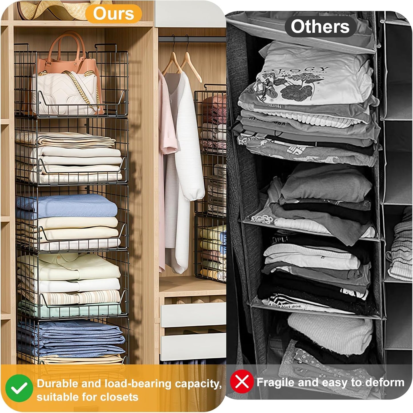 5-Tier Stackable Closet Organizer Shelf – Foldable Metal Storage Bins for Clothes, Sweaters & Towels | Stylish Black Wire Baskets for Bedroom, Wardrobe, Dorm or Entryway