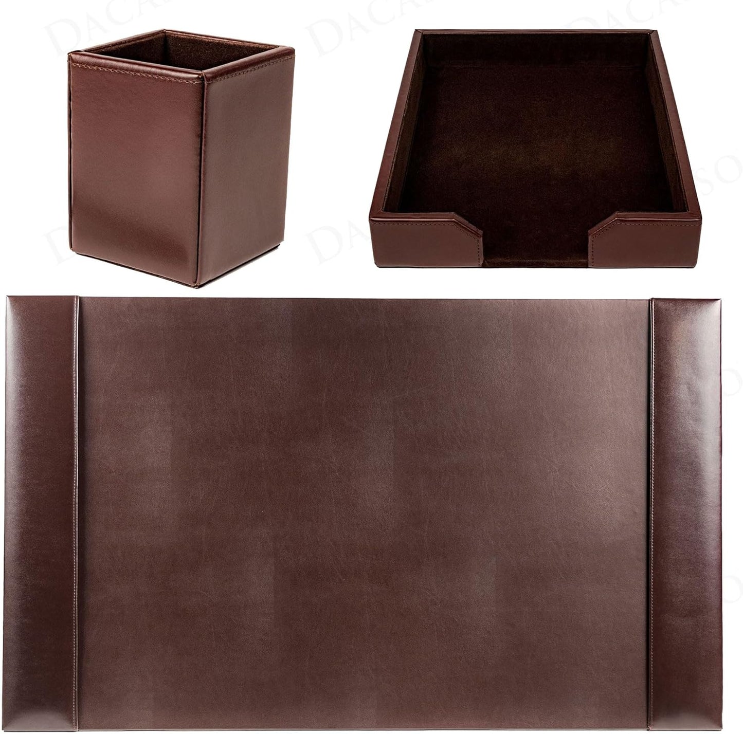 Dacasso Brown Bonded Leather Luxury 3 Piece Desk Set - Blotter Pad & Desk Organization Essentials - Executive Decor and Surface Protector