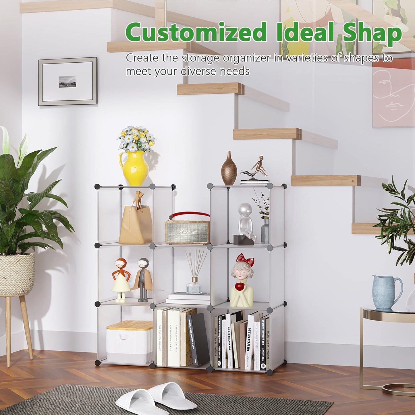 C&AHOME Cube Storage, 9-Cube Plastic Closet Cabinet Organizer, DIY Stackable Bookshelf, Modular shelving Units Ideal for Home, Office, Kids Room, 36.6"L x 12.4" W x 48.4" H Translucent White SBTM3009A