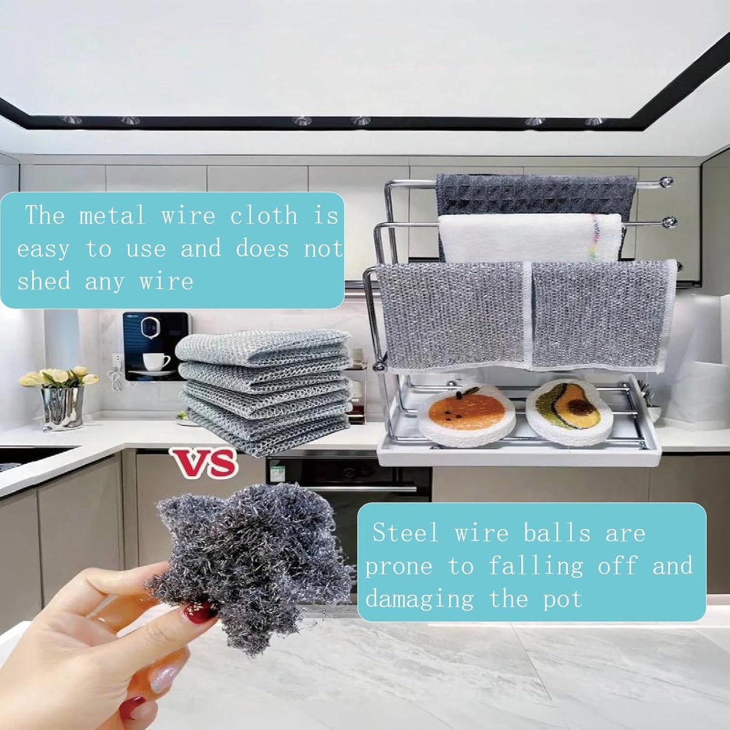 Double layer metal wire scratch free cloth, dry and wet dual-purpose metal wire dishwashing cloth, suitable for kitchen cleaning, cookware, tableware, sink, stove, etc., easy to rinse (10 pieces)