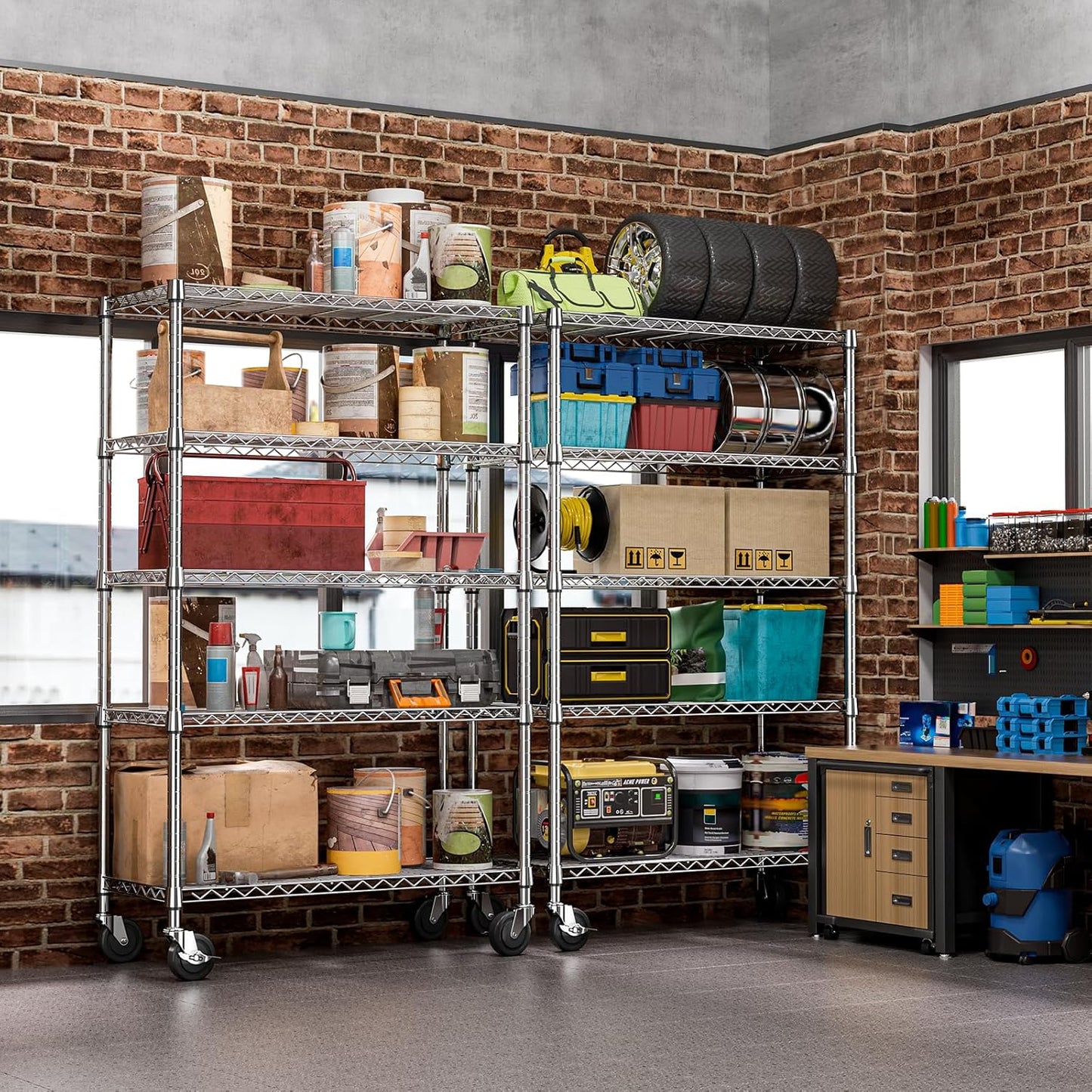 IZEUK 5-Tier Storage Shelving Unit with Wheels, Adjustable Heavy Duty Steel Wire Rack Organizer (Chrome, 17.7" D x 47.2" W x 76.7" H, 1750 lbs Capacity) for Garage, Kitchen, Pantry, Laundry