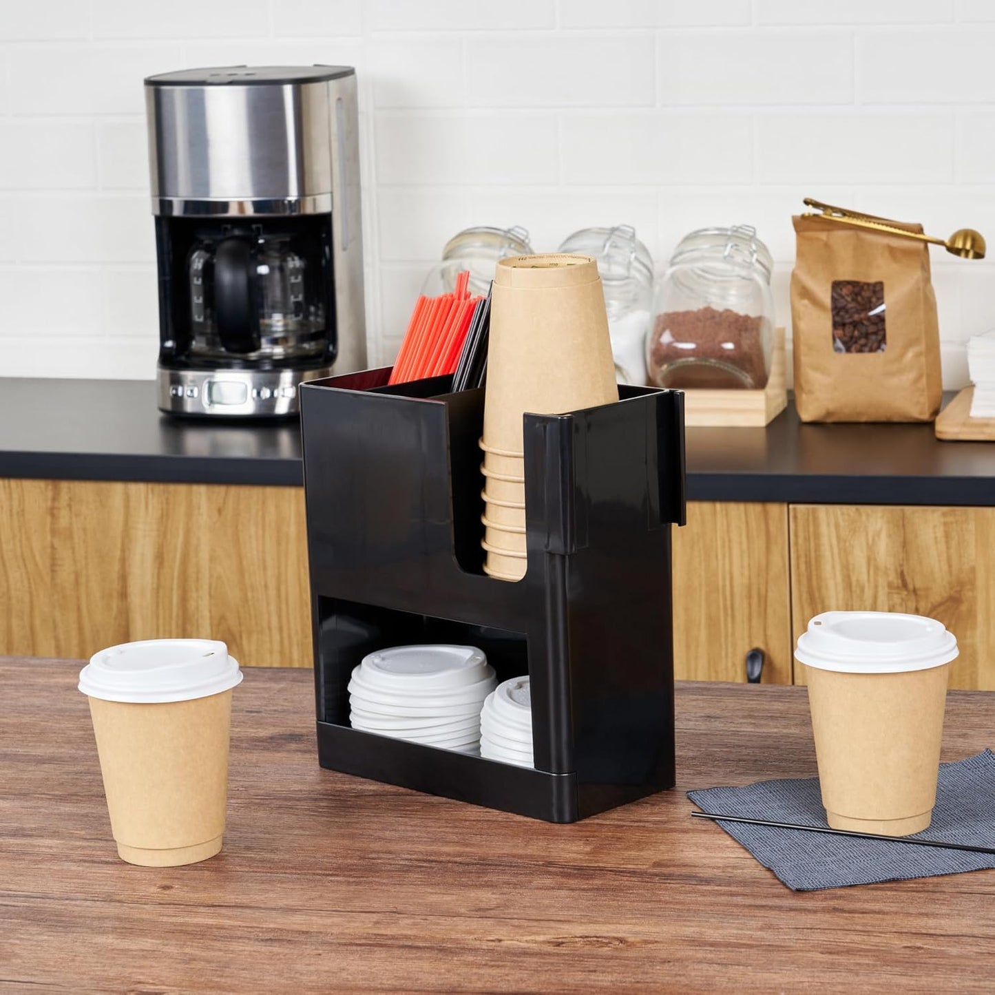 Restaurantware Restpresso Coffee Bar Organizer, 1 Count Durable 4 Compartments, Compact Size, Black Plastic Tabletop Coffee Supplies Organizer For Homes, Office Spaces, Breakrooms, and Lounges