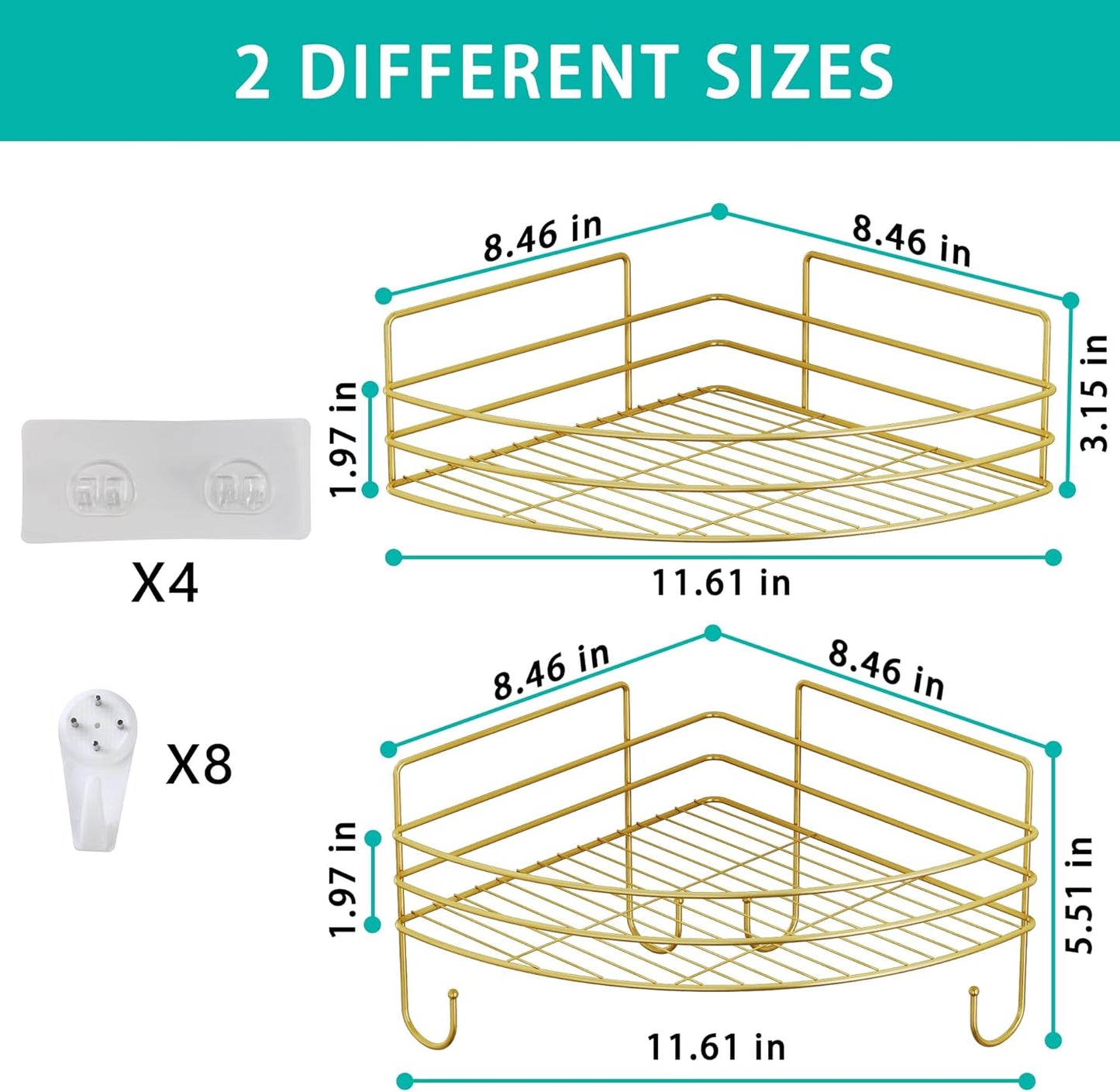 Corner Shower Shelves with 4 Hooks, 2-Tier Stainless Steel Bathroom Shower Organizers, Wall Mounted Caddy Shelves No Drilling with Adhesive, Triangle Storage Shelf for Toilet, Dorm and Kitchen, Gold