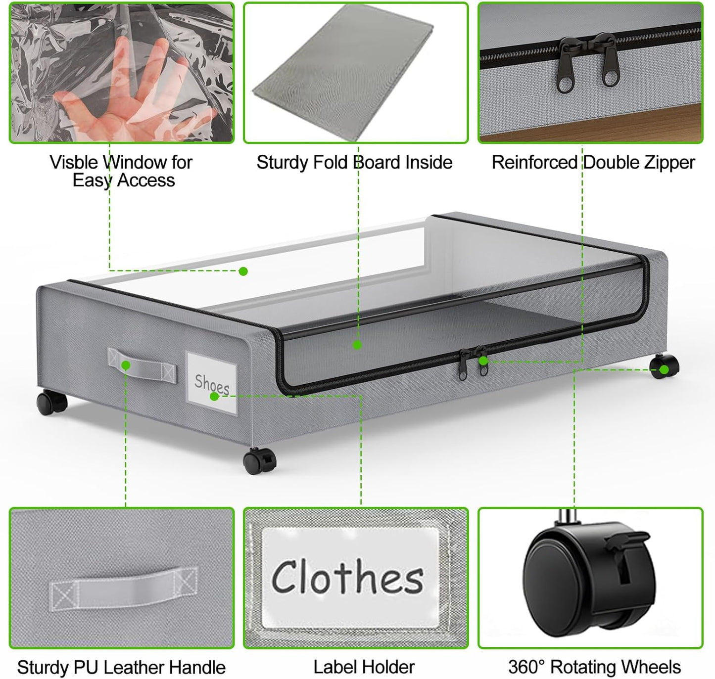 Under Bed Storage with Wheels, 2-Pack Underbed Storage Containers with Clear Lids, Under Bed Shoe Storage Organizer Bins, Rolling Under Bed Storage for Clothes Shoes Blankets (Grey)