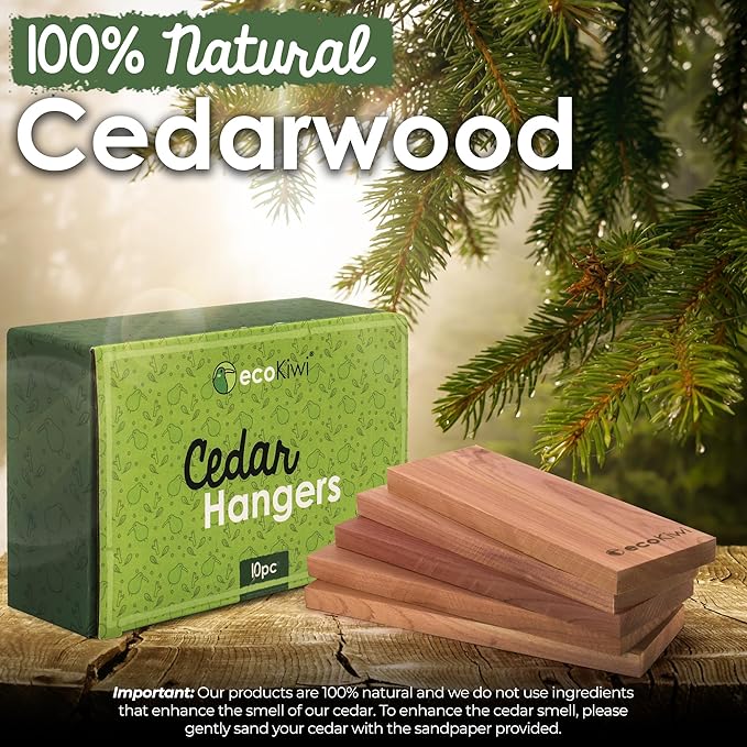ecoKiwi Cedar Blocks for Clothes Storage - 10 Pack Hang Ups - 100% Natural Aromatic Cedar Planks for Closets and Drawers - Cedar Wood Hangers Balls Chips with Sandpaper - Cedarwood Scented Freshener