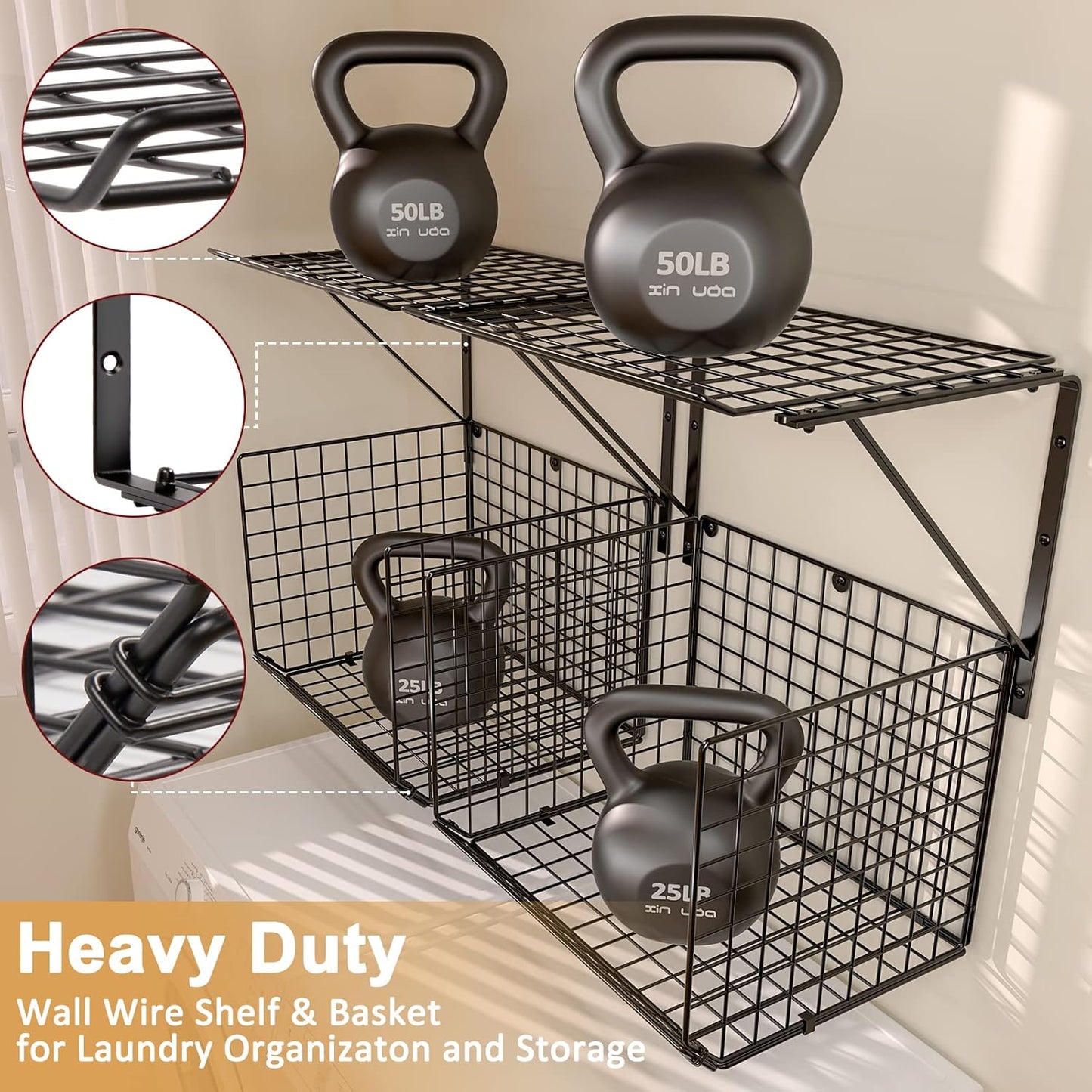 2 Pack Laundry Room Shelves, Wire Baskets with 8 Hooks, Over Washer and Dryer Shelf, Wall Mounted Storage and Clothes Drying Rack, Black