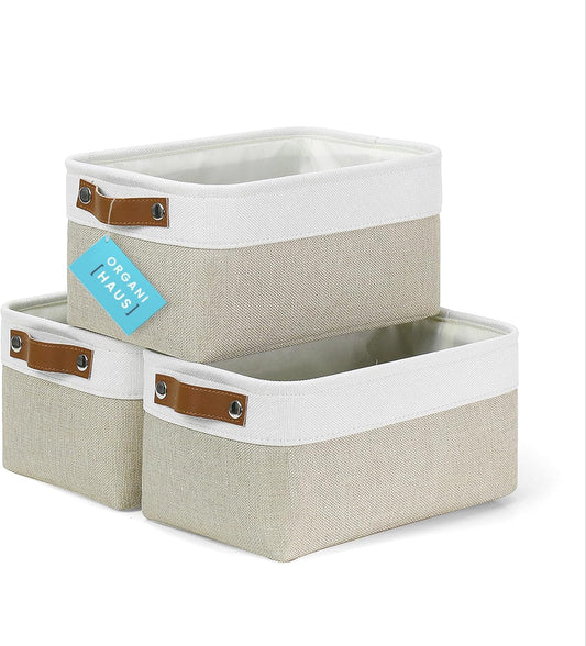 OrganiHaus Small Fabric Storage Baskets for Shelves 3 Pack, 12x08in Closet Storage Bins for Shelves, Canvas Baskets for Organizing, Linen Closet Organizers, Cloth Basket, Beige/Off-White