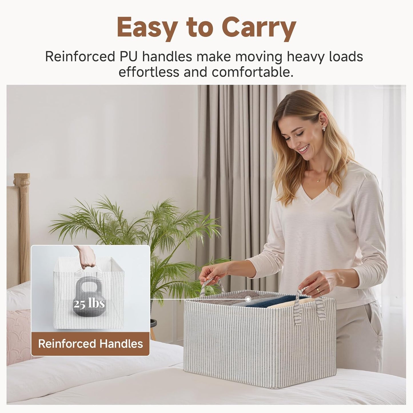 StorageWorks Storage Bins, Fabric Storage Bins for Shelves, Storage Baskets with Metal Frame, Closet Baskets and Bins with Handles, Khaki and Beige Stripes, 2-Pack