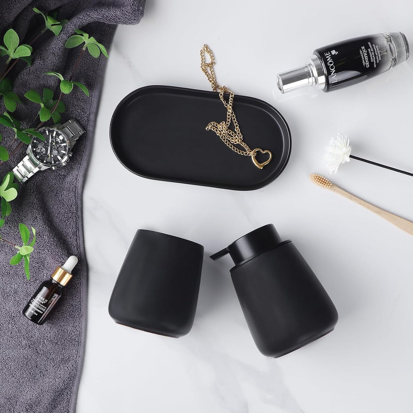 Matte Black Bathroom Accessory Set - 3pcs Ceramic Soap Dispenser Set Vanity Countertop Accessories Set, Includes Refillable Lotion Hand Soap Dispenser, Toothbrush Holder and Tray (Liquid Pump)