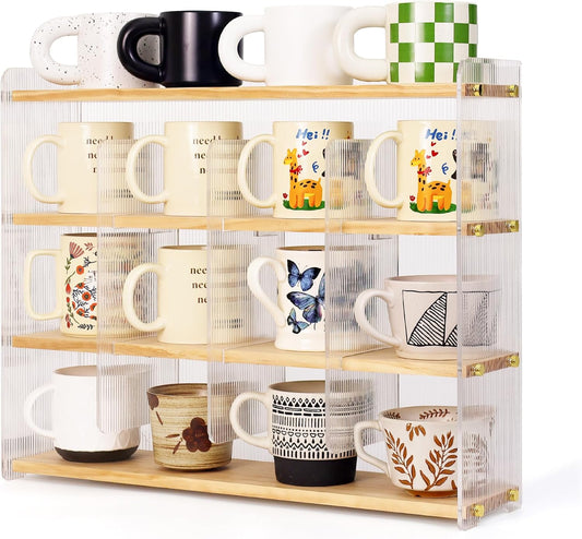 Coffee Mug Holder Wooden Cup Station Organizer 4-Tier Cup Holder for Coffee Bar Mug Display Rack for Countertop Mug Holder Shelf for Home Kitchen Pine Wood