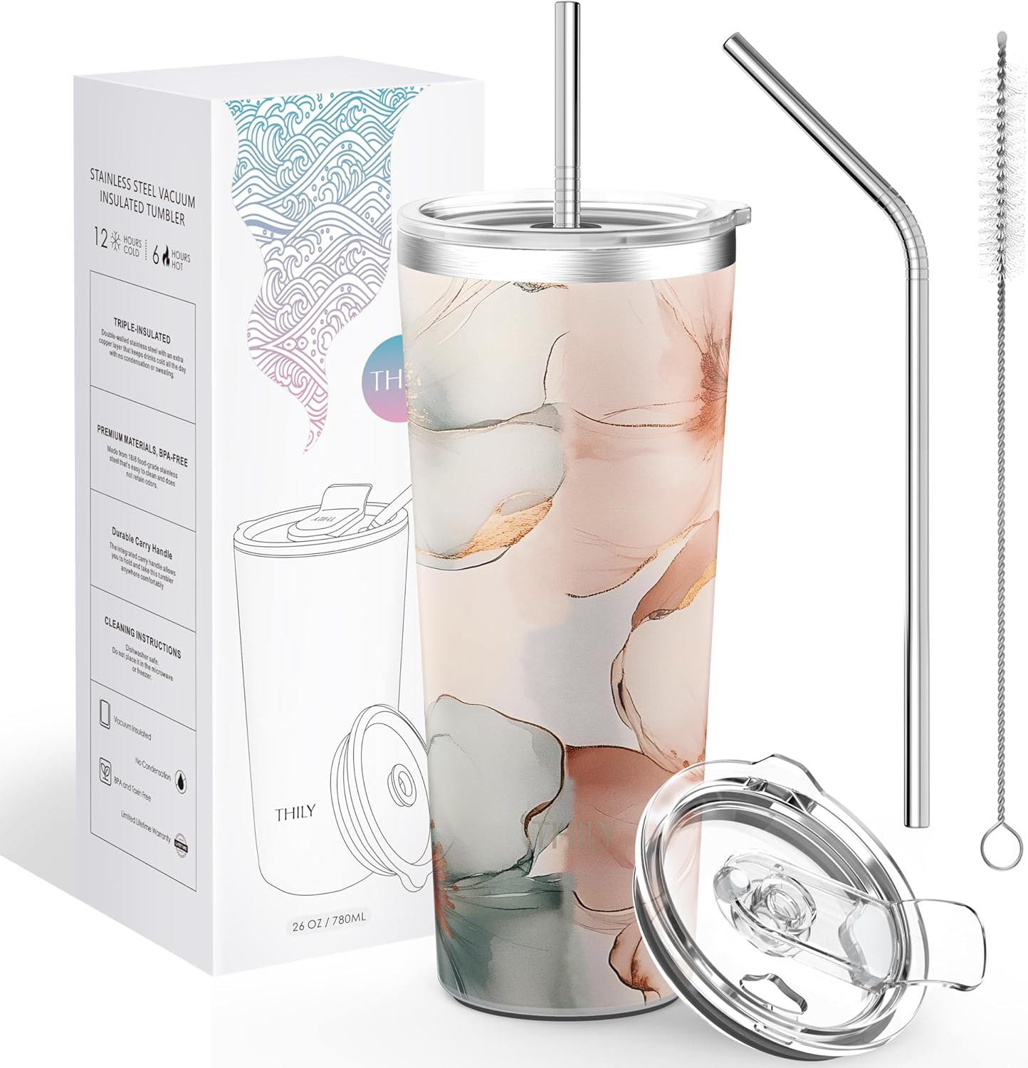 THILY Stainless Steel Vacuum Insulated Tumbler 26 oz Travel Mug Wide Mouth Coffee Cup with 2 Lids and Straws, Splash Proof, BPA Free, Keep Iced Drinks Cold, Golden Bloom Whispers